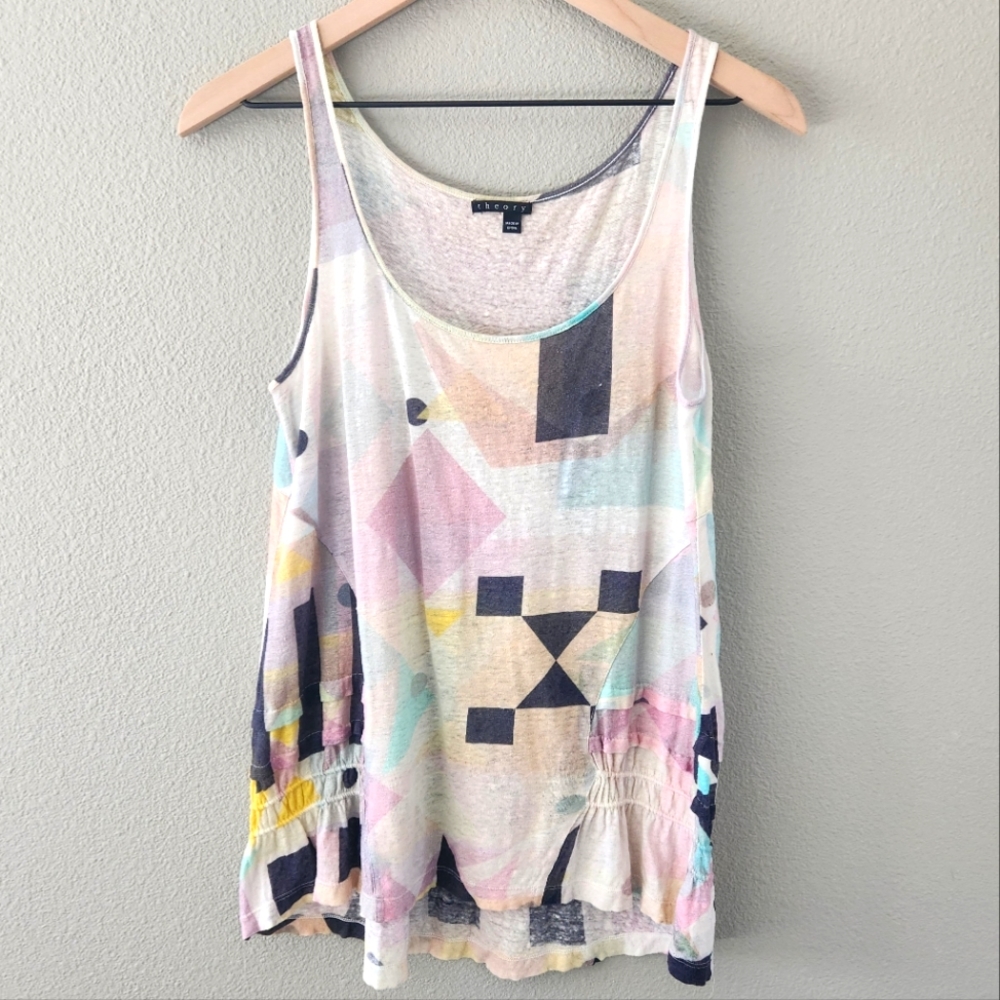 Theory Tank Size XS 100% Linen Larona Bandana Geometric Pink Top Summer Boho